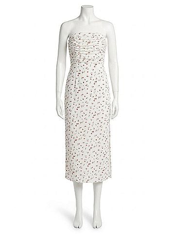 WAYF Birdie Ruched Strapless Midi Dress in Ivory Ditsy (view 1)