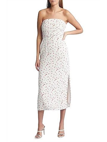 WAYF Birdie Ruched Strapless Midi Dress in Ivory Ditsy (view 2)