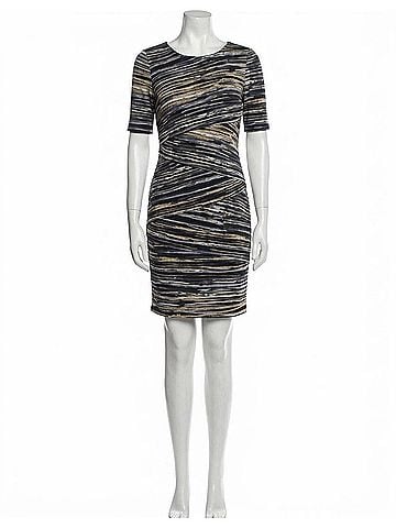 Connected Apparel Abstract Stripe Tiered Surplice Sheath Mini Dress in Camel Multi (view 1)