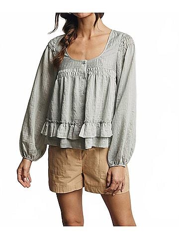 Forte Ruffle Hem Peasant Blouse in Sage (view 2)