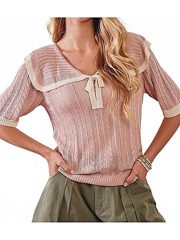 Listicle Knit Sailor Collar Ribbon Top in Rose Latte (view 2)