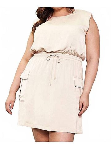 Skies Are Blue Muscle Shoulder Mini Dress in Oatmeal (view 2)