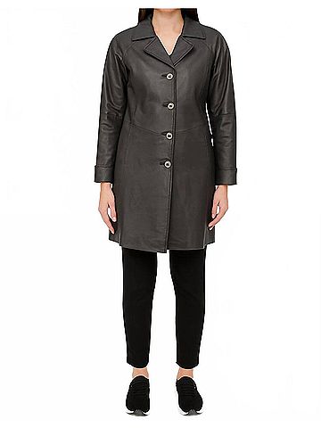 Excelled Collection Genuine Leather Mid-Length Coat in Graphite (view 2)