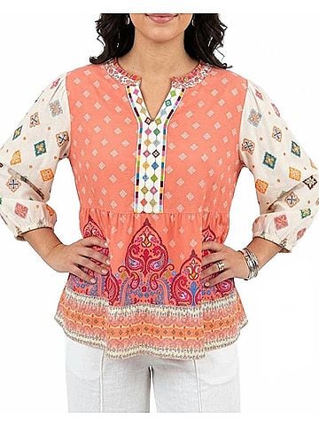 John Mark V-Neck Long Sleeve Blouse in Apricot Multi (view 2)