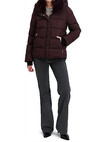 Tahari Short Quilted Puffer Jacket With Faux Fur Collar &amp; Detachable Hood in Merlot (view 2)