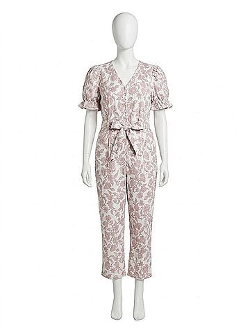 Skies Are Blue Printed Cotton Twill Jumpsuit in Ivory-Tan (view 1)