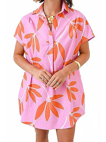 Karlie Palm Leaf Floral Shirt Mini Dress in Pink (view 2)