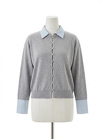 Mable Women's Button Down Collar Contrast Cardigan in Grey (view 1)