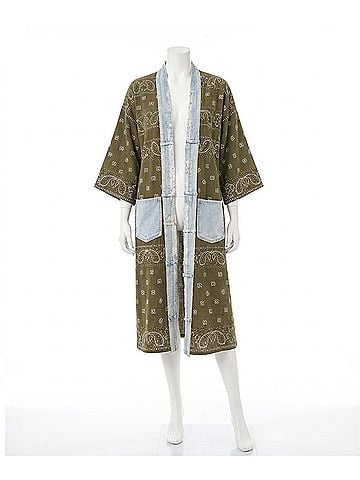 Shannon passero Upcycled Denim Bandana Print Cardigan Kimono in Olive (view 1)