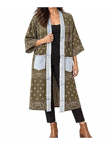 Shannon passero Upcycled Denim Bandana Print Cardigan Kimono in Olive (view 2)