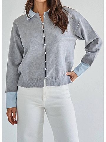 Mable Women's Button Down Collar Contrast Cardigan in Grey (view 2)
