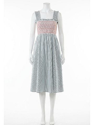 THML Smocked Striped Midi Dress in Blue (view 1)
