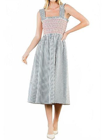 THML Smocked Striped Midi Dress in Blue (view 2)