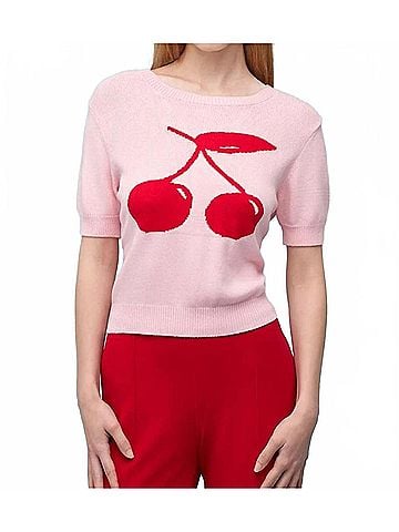 Astrid Short Sleeve Crewneck Knit Sweater in Cherry/ Pink (view 2)
