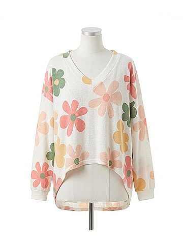 Oddi Printed Hacci Knit Pullover Sweater - Plus in Ivory (view 1)