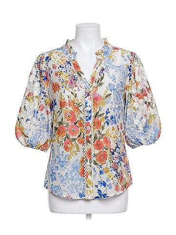 John Mark Button Front Blouse With Puff Sleeves in Floral Multi (view 1)