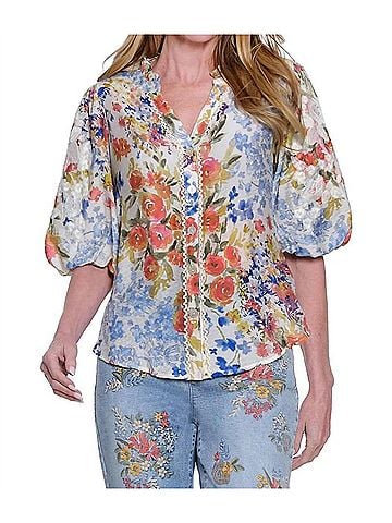 John Mark Button Front Blouse With Puff Sleeves in Floral Multi (view 2)