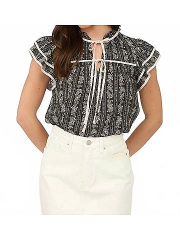 Mine Stripe Floral Tie Front Ruffle Top in Black (view 2)