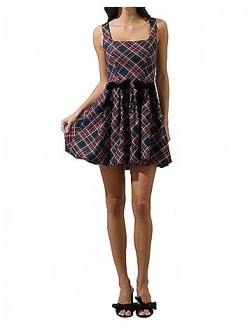Sugarlips Seliora Bow Mini Dress in Navy Plaid (view 2)