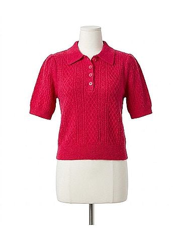 Lilla P Mixed Stitch Elbow Sleeve Polo in Fuchsia (view 1)