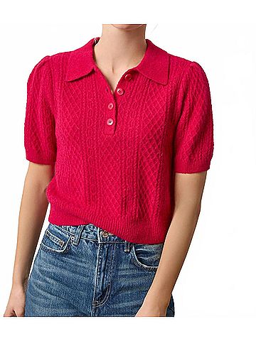 Lilla P Mixed Stitch Elbow Sleeve Polo in Fuchsia (view 2)