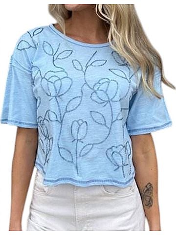 Mystree Beaded Floral Applique Slub Tee in Light Blue (view 2)