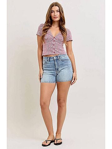 Judy Blue Basic Girlie High Rise Slim Shorts in Medium Wash (view 2)