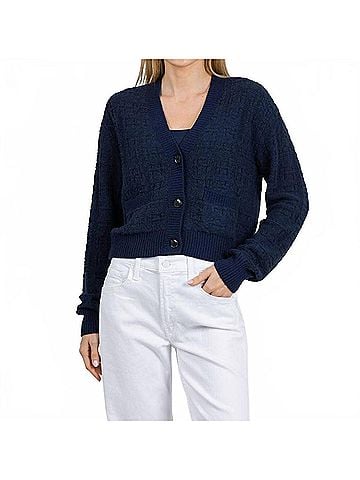 White + Warren Textured Boucle Cardigan in Navy Tonal (view 2)