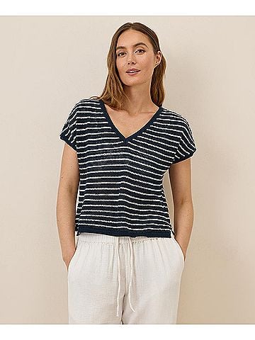 Pact Capri Stripe Beachside Crochet Knit V-Neck Top (view 2)