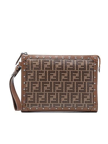 Fendi Studded Leather Trimmed Zucca Coated Canvas Clutch (view 1)