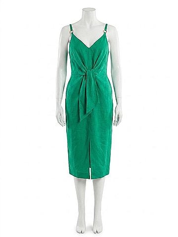 Reiss Kay Tie Front Linen Blend Midi Dress in Green (view 1)