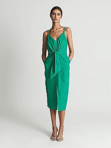 Reiss Kay Tie Front Linen Blend Midi Dress in Green (view 2)