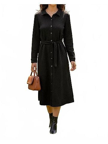She + Sky Women's Long Sleeve Textured Button Down Shirt Dress in Black (view 2)