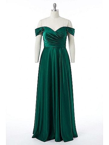 Cinderella Divine Off Shoulder A-Line Satin Gown - Plus in Emerald (view 1)