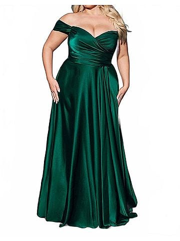 Cinderella Divine Off Shoulder A-Line Satin Gown - Plus in Emerald (view 2)