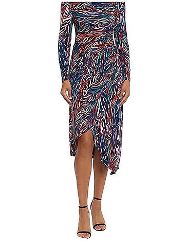 Maggy London Women's Asymmetric Neckline Midi Dress in Navy Tangerine Peri (view 2)