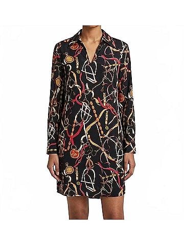 ESQUALO Equestrian Print Shirt Dress in Black Multi (view 2)