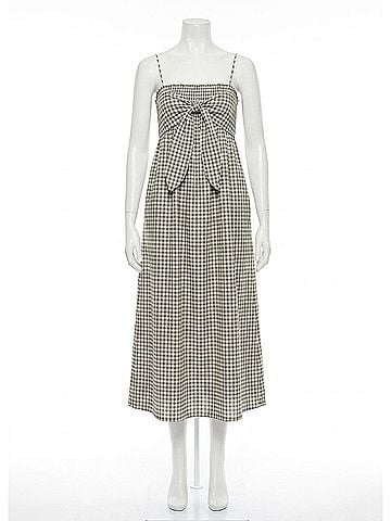 Vince. Gingham Cotton-Silk Tie Smocked Dress in Off White/Smoke (view 1)