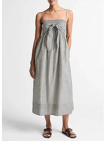 Vince. Gingham Cotton-Silk Tie Smocked Dress in Off White/Smoke (view 2)