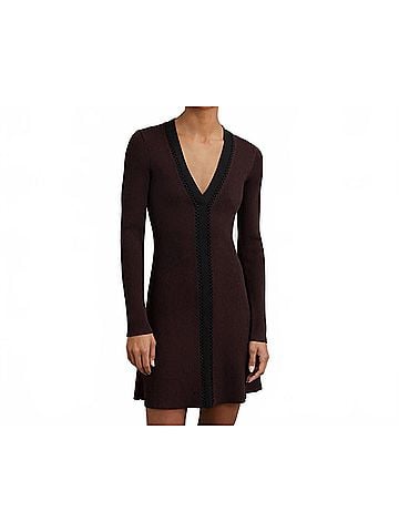 Reiss Alma Craft-Stitch Rib-Knit Mini Dress in Burgundy Black (view 2)