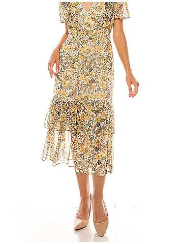 Donna Morgan Floral Print Short Sleeve Midi Dress in Orange Multi (view 2)