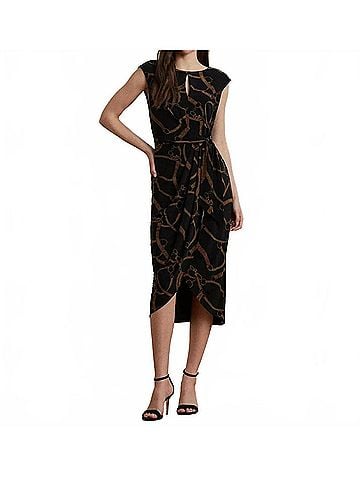 Ralph Lauren Belting-Print Jersey Tie-Front Dress in Black/Tan (view 2)