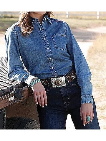 Cruel Girl Women's Snap Long Sleeve Western Shirt in Denim (view 2)