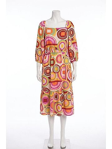 Donna Morgan Abstract Print 3/4 Sleeve Midi Dress in Cream Orange (view 1)