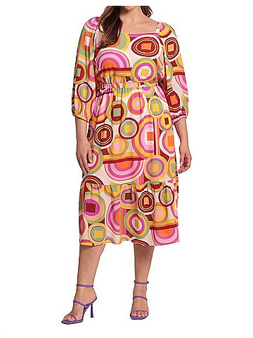 Donna Morgan Abstract Print 3/4 Sleeve Midi Dress in Cream Orange (view 2)