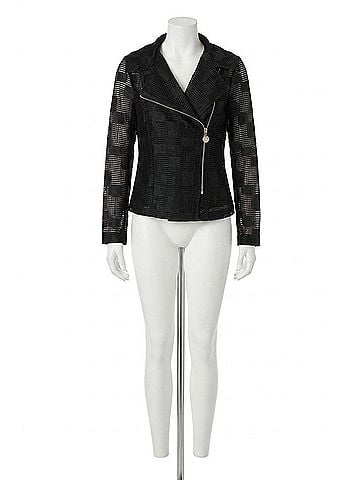 Joseph Ribkoff Geometric Mesh Moto Jacket in Black (view 1)