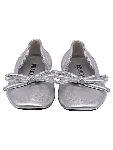 Prada Prada Bow Ballet Flats in Metallic Silver Leather (view 2)