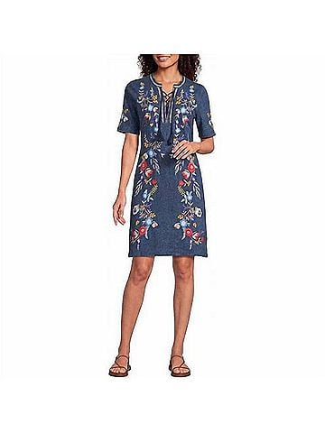 Johnny Was Floral-Embroidered Cotton Lace-Up Minidress in Elowen Denim (view 2)