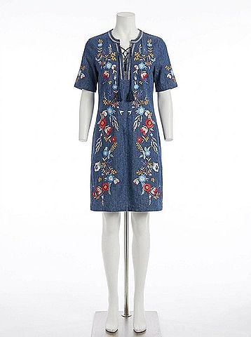 Johnny Was Floral-Embroidered Cotton Lace-Up Minidress in Elowen Denim (view 1)